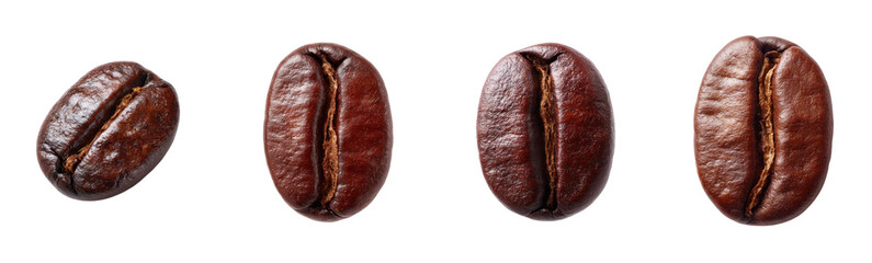 Four coffee beans in a row. Rich aroma, robust flavor, gourmet, coffee, roasted, dark, breakfast