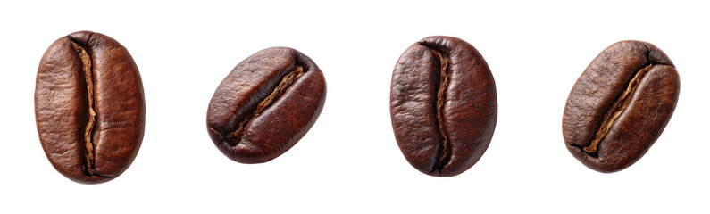 Four coffee beans on a white surface. Macro close-up photography, coffee, caffeine, roasted, bean, seed