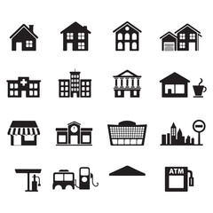 Fototapeta premium Vector Icons Depicting Various Buildings, Facilities and Services, House, Hospital, School, Store, Restaurant, Bank, Cityscape and Gas Station