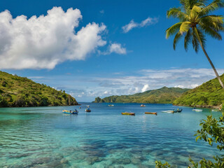 Obraz premium Tropical bay with boats and palm tree turquoise water green hills