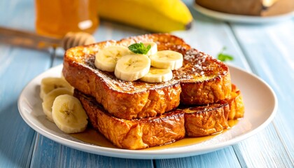 Stack of French toast topped with sliced bananas and powdered sugar