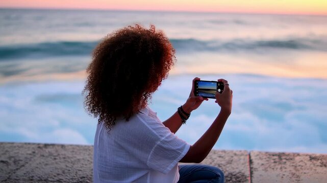 Capturing Sunset Waves: Woman Photographs Ocean's Beauty