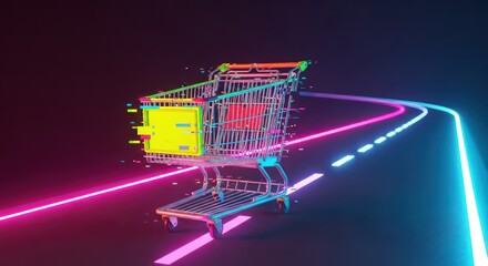 Shopping cart on neon track represents online commerce