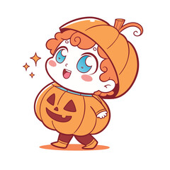 Fototapeta premium A cute cartoon child dressed in a pumpkin costume with stars around it