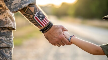Patriotic soldier with an American flag tattoo holding his child's hand