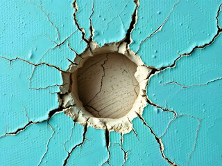 Cracked turquoise wall texture with central hole, weathered and aged effect. Generative AI