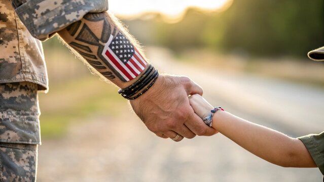 Patriotic soldier with an American flag tattoo holding his child's hand - Powered by Adobe