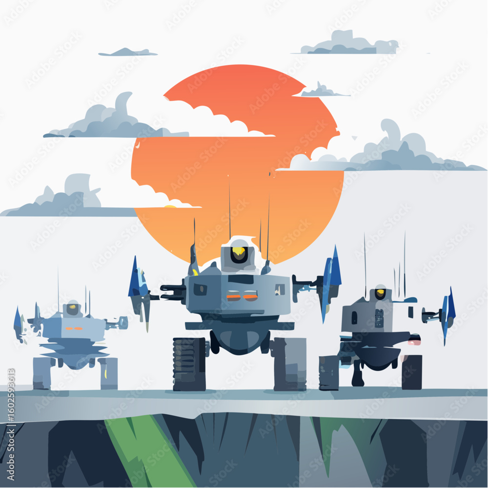 Poster futuristic robots with advanced technology and sensors stand on a cliff overlooking a dramatic orang