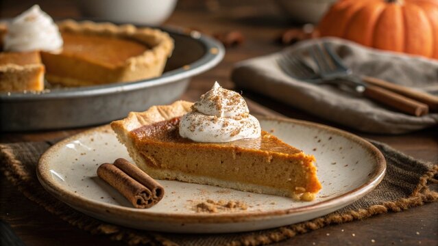 Slice of homemade pumpkin pie with whipped cream and cinnamon for Thanksgiving