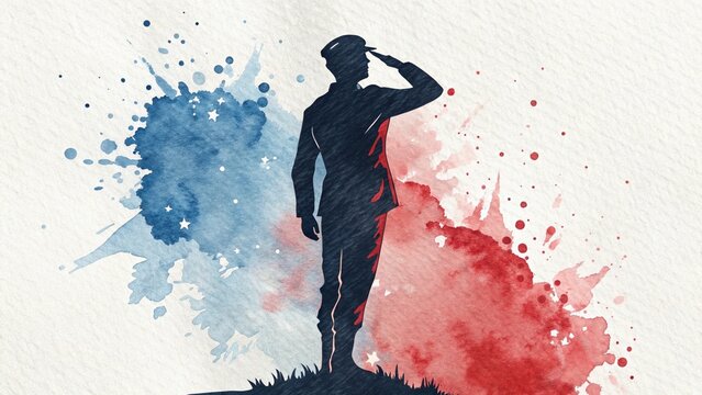 Watercolor illustration of a saluting soldier for Veterans Day or Memorial Day