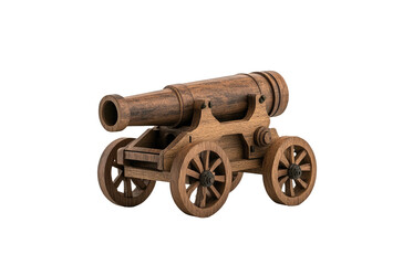 3D model of a wooden cannon on wheels. Detailed, antique-style, dark-brown wood, realistic