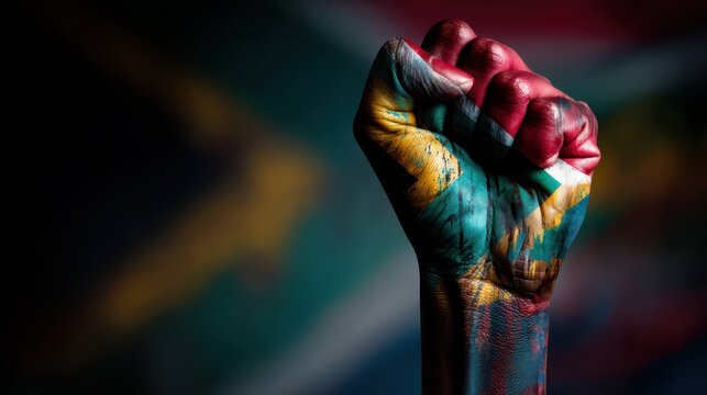 A raised fist painted with the South African flag symbolizes unity, strength, and national pride against a dark, blurred background