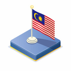 Isometric illustration of the Malaysian flag waving proudly on a pedestal against a clean white background