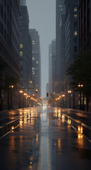 Fototapeta premium Rainy City Street at Night with Reflective Lights. Moody rainy evening with blurred headlights and streetlights shimmering on slick asphalt