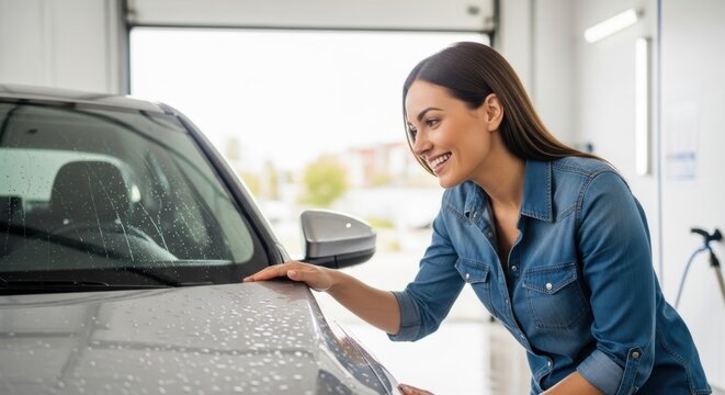 Young hispanic woman washing car smiling in garage