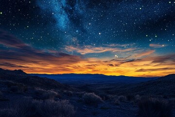 Fototapeta premium Starry night sky over glowing horizon with deep twilight colors and serene landscape