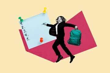 Full 3d image art pop poster banner collage of happy schoolboy run sticker write memo paper sheet pin education carry rucksack
