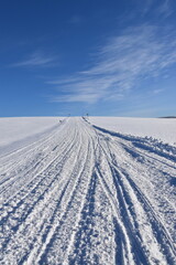 A snowmobile trail in a field, Québec, Canada
