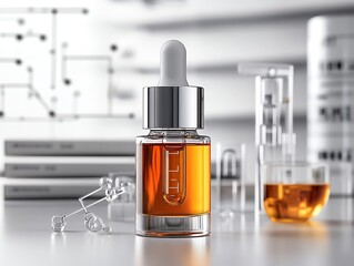 A retinol serum bottle highlighted with scientific diagrams in the backdrop