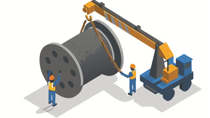 Isometric view of construction workers using crane to lift a large cable reel on a construction site
