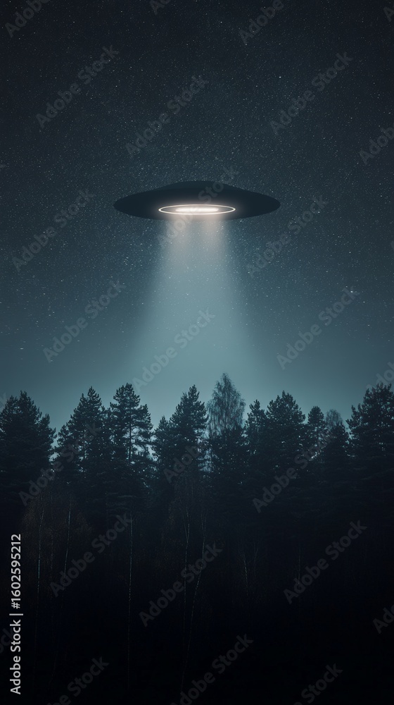Poster unidentified flying object hovering over a forest at night, illuminating trees with bright light, cr