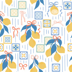 Lemon, ribbons, vertical stripes, bow knots, tiles, Mediterranean summer seamless pattern. Vector hand drawn citrus decorative print, fresh fruit design for textile, packaging, kitchen background.