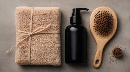 Natural Cosmetic Products Flat Lay: Wooden Hairbrush, Exfoliating Sponge, and Dark Lotion Bottle