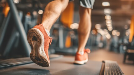 A person running on a treadmill in a modern gym, wearing red athletic shoes with a blurred background