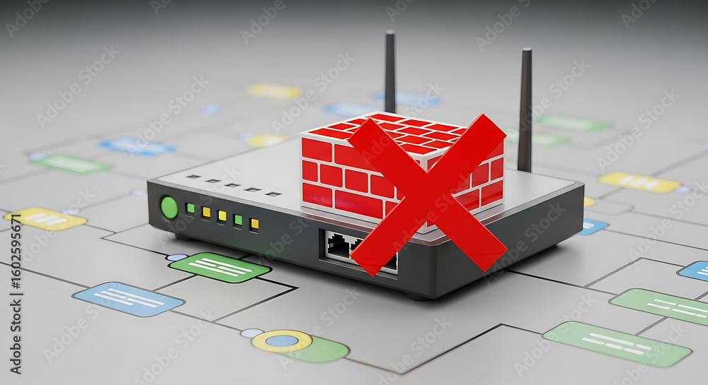 Aufkleber router with brick wall and red x symbol on a flow chart background network security blocked access