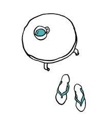 ミニテーブルとカップとサンダルのイラスト青