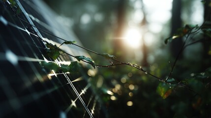 A solar panel partially covered by leaves, reflecting soft morning sunlight in a tranquil forest setting.