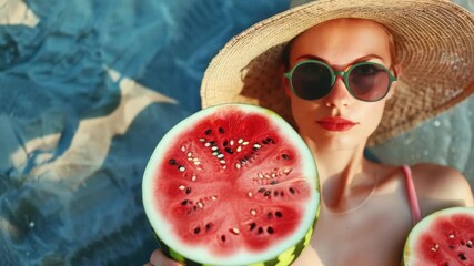 A young woman in a straw hat, sunglasses, and pink bikini is lounging by the pool. She has two watermelon slices on her chest, suggesting she's enjoying a refreshing summer drink. - Powered by Adobe