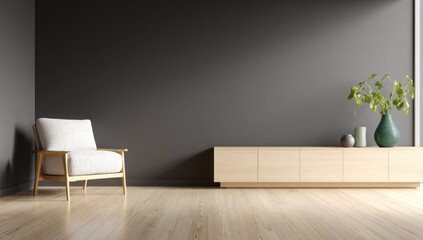 Modern minimalist living room with a wooden entertainment center and armchair.