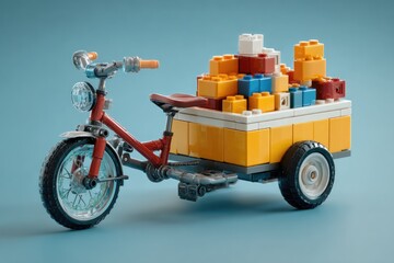 Fototapeta premium Red tricycle with a yellow cargo trailer loaded with colorful bricks