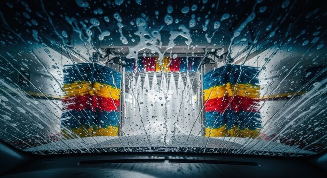 Fototapeta View from inside a car undergoing automatic car wash with soap and brushes