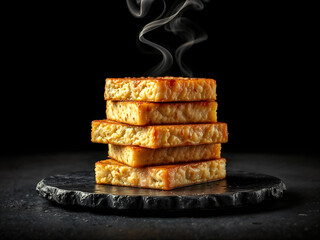 Stack of steaming toast slices on black plate, minimal and moody food shot. Generative AI