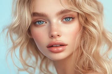 Fototapeta premium Close-up portrait of a beautiful woman with blonde hair and light makeup.
