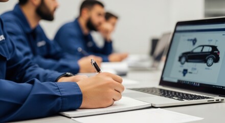 Team of young male adults studying car mechanics in classroom setting