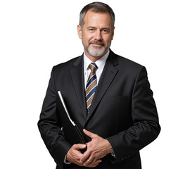 Mature businessman in a suit holding a folder, isolated on transparent background. Ideal for corporate, legal, financial, or professional service-related visual projects.
