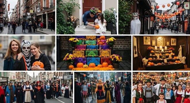 A collage showcasing various scenes of people celebrating cultural festivals and events, including Halloween and traditional gatherings.