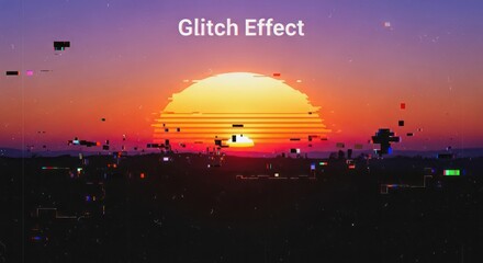 Sunset landscape with glitch effect digital art
