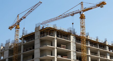 Two yellow tower cranes over concrete building construction site image