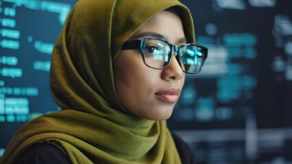 Confident Muslim Woman in Green Hijab and Glasses Analyzing Digital Code Reflections on Monitor in Modern Tech Environment