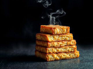 Grilled bread stack with smoke rising, black background, rustic and tasty concept. Generative AI