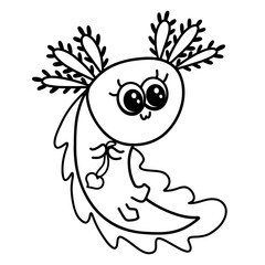 cute funny little axolotl holding a heart pendant in his paws, black outline