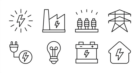 Electricity and Power Icons – Energy Generation, Transmission, and Usage Line Icon Set