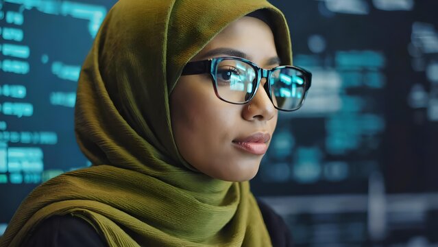 Confident Muslim Woman in Green Hijab and Glasses Analyzing Digital Code Reflections on Monitor in Modern Tech Environment - Powered by Adobe