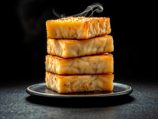 Stack of steaming toast slices on black plate, minimal and moody food shot. Generative AI
