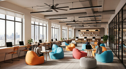 Bright open office space with beanbag chairs and laptops near large windows and ceiling fans