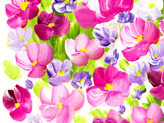 Abstract pink  flowers, original hand drawn, impressionism style, color texture, brush strokes of paint, art background.